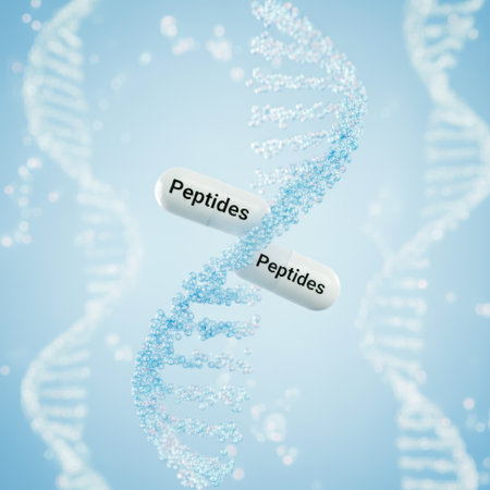 Peptides Capsule Breaking Into DNA Helix On Blue Molecular Background. Concept Of Anti-Aging Supplements, Skin Regeneration, Biotech Innovation, Health Science, And Modern Medical Visualsの素材