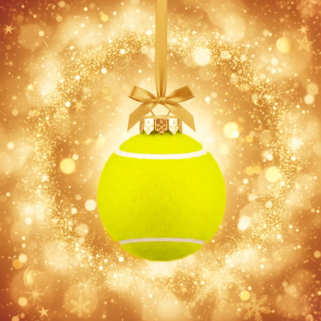 Tennis Ball Christmas Ornament With Gold Ribbon On Sparkling Background. Concept Of Sporty New Year Greeting, Winter Holiday Decoration, Tennis Fan Gift Idea, And Christmas Seasonal Event Visualsの素材