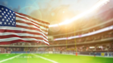 American flag waves proudly on sunlit football stadium filled with energy and anticipation. Perfect for sports event promotions, patriotic celebrations or campaigns honoring national pride. Copy spaceの素材