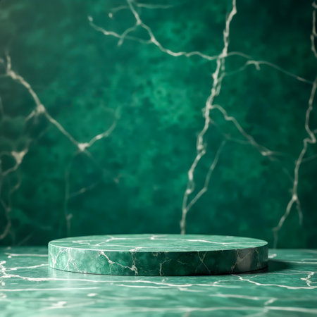 Luxurious round green marble podium with elegant white veining, set against matching marble background. Ideal for promoting premium home decor, beauty spa products, or high-end product presentationsの素材