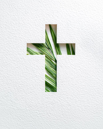 Christian Cross Cutout With Green Palm Leaves Inside On White Textured Background. Concept Of Palm Sunday, Easter, Hope, Faith, Prayer Symbol, Religious Greeting Cards, And Church Celebrationsの素材