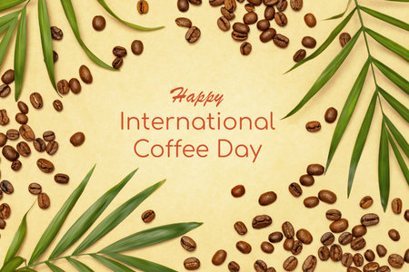International coffee day card. Flat lay with natural coffee beans, palm leaves and inscription Happy International Coffee Day on a craft paperの写真素材