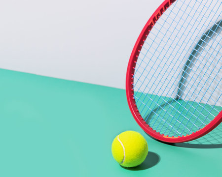 Minimalistic, tennis composition with red tennis racket and yellow, tennis ball on a blue background...