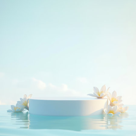 Empty white podium for montage floating on serene water, adorned with white flowers under clear blue sky. Ideal for promoting skincare, spa treatments, wellness products, or summer-themed campaignsの素材
