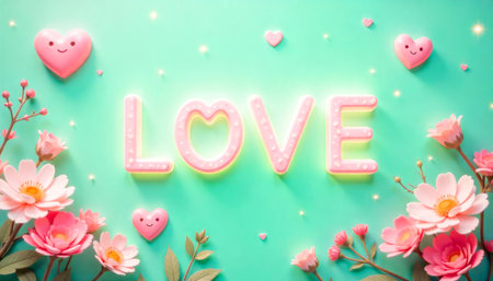 Playful design with glowing pink LOVE letters surrounded by hearts and blooming flowers on vibrant mint background. Perfect for Valentine s Day campaigns, romantic cards, or festive gift promotionsの素材