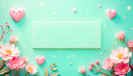 Playful design with rectangular blank space for your text on mint background with pink hearts and blooming flowers. Perfect for Valentine s Day designs, romantic promotions or festive card mockupsの素材