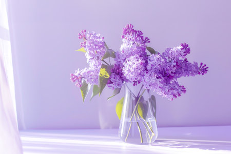 Fresh lilac blossoms in glass vase, bathed in soft sunlight on lilac background. Perfect for festive card designs celebrating spring, Mother s Day, or romantic occasions with elegance and charmの素材