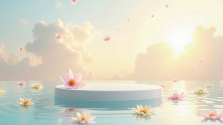 Empty podium for montage your products on calm water, surrounded by lotus flowers under soft sunrise sky. Perfect for promoting skincare, spa products, meditation retreats or luxury wellness campaignsの素材