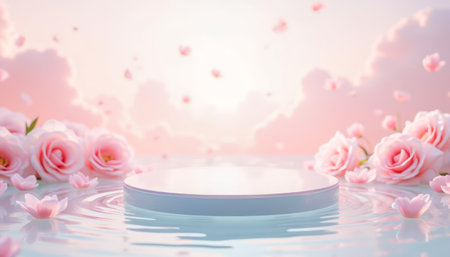 Empty podium for montage your products surrounded by roses and petals floating on water against dreamy pastel sky. Perfect for promoting skincare, perfumes, luxury gifts, or Valentine s Day campaignsの素材