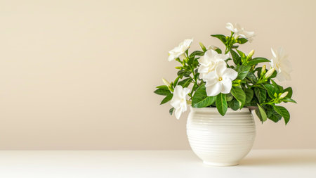 Elegant white gardenias in ceramic pot on neutral background with copy space. Perfect for flower shop ads highlighting fresh bouquets, premium quality, home decor, and sophisticated gifting solutionsの素材