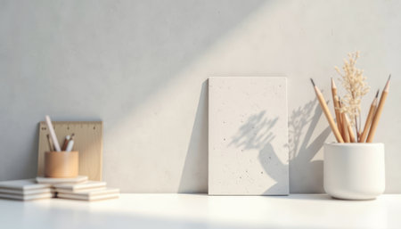 Minimalist setup with decorative tile leaning against textured wall with natural decor. Ideal for promoting interior finishing materials, renovation products, or modern design solutionsの素材