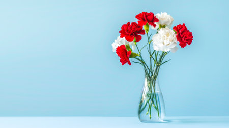 Red and white carnations in glass vase on light blue background with copy space. Ideal for card designs celebrating Father s Day, Veterans Day, or masculine-themed occasions with respect and eleganceの素材