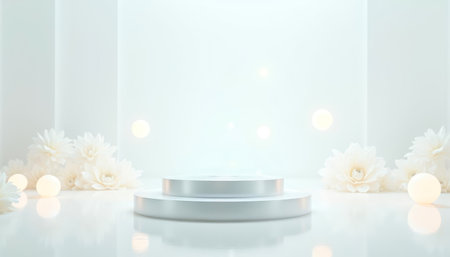 Empty elegant white podium with soft glowing lights, surrounded by delicate white flowers. Ideal for showcasing luxury products, wedding-themed items, skincare, or festive holiday campaignsの素材