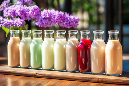 Healthy drink. Glass bottles of milk drink with blooming purple flowers on rustic interior background. Small-scale production of natural dairy drinks infused with healthy berry and fruit additivesの素材