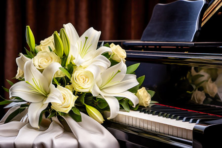 White bouquet of white roses and lilies near grand piano represents romance, love, serenity, and music, perfect for Valentine's Day, holiday celebrations and music events. Generative aiの素材
