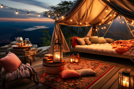 Cozy rooftop terrace with camping tent with cozy accessories, light garlands and beautiful landscape at sunset. arm cozy light inside camp tent. Millennial trend vacation destination. Relaxing areaの素材