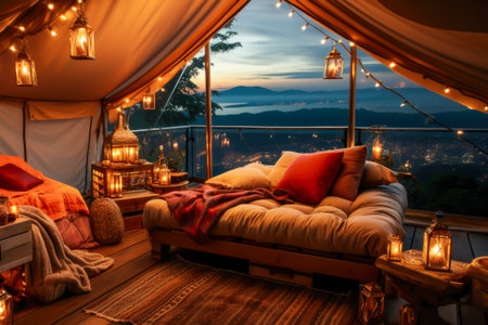 Cozy rooftop terrace with camping tent with accessories, light garlands and beautiful landscape at sunset. arm cozy light inside camp tent. Millennial trend vacation destination. Relaxing areaの素材