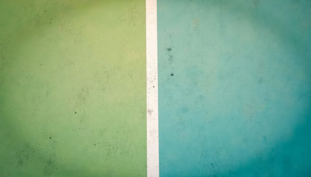 Sports court surface with dividing white line, blending green and blue sections under soft lighting. Perfect background for sports-themed backgrounds, dynamic designs, or active lifestyle promotionsの素材