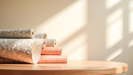 Rolled decorative wallpapers in beige and terracotta tones placed on wooden table with warm sunlight. Perfect for promoting interior design services, home decor products, or DIY renovation materialsの素材