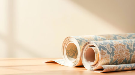 Rolled decorative wallpapers with elegant floral patterns, placed on wooden surface under warm sunlight. Perfect for advertising interior design, renovation materials, or home decor solutionsの素材