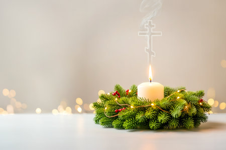 Orthodox Cross Formed From Candle Smoke Above Christmas Wreathの素材