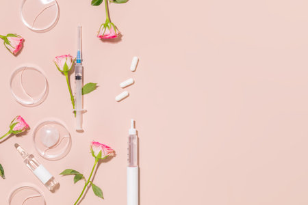Medical Syringes, Pills, Ampoules, And Flowers On Pink Background. Concept Of Modern Aesthetic Medicine, Beauty Injections, Anti-Aging Treatments, Skincare Innovations, And Cosmetic Clinic Advertisingの写真素材