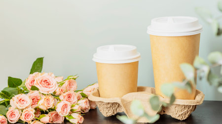 Two Coffee Cups In Craft Paper Holder With Pink Roses On Table. Concept Of Coffee To Go, Spring Cafe...