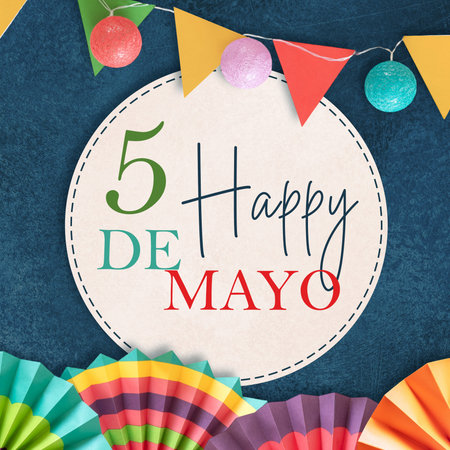 Vibrant Cinco de Mayo celebration card with festive paper fans, bunting flags, and central 5 de Mayo...