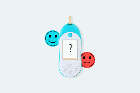 Blood Glucose Meter With Question Mark Screen And Good Or Bad Mood Icons. Concept of Blood Sugar...