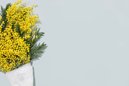 Spring Mimosa Bouquet Wrapped In White Paper On Light Blue Background. Ideal For Women's Day Designs, Spring Sale Promotions, Elegant Floral Background, And Seasonal Greeting Card Templatesの写真素材