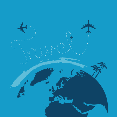 plane flying around the globe blue backgroundのイラスト素材