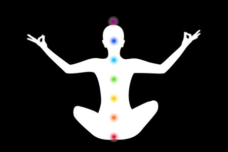 young person sitting in yoga meditation lotus position silhouette with colorful chakra points