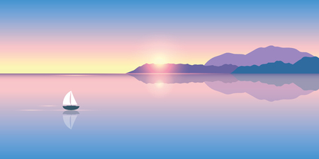 lonely sailboat on a calm sea at sunrise vector illustration EPS10のイラスト素材