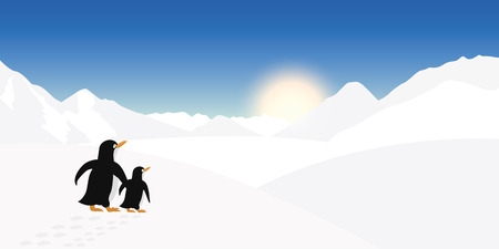 Two penguins look into the distance of a winter landscape vector illustration EPS10のイラスト素材