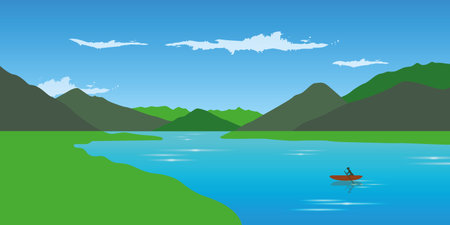 lonely canoeing on the river adventure in the summer with green mountain landscape vector illustration EPS10のイラスト素材
