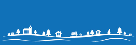 blue christmas winter landscape with church firs houses and gifts vector illustration EPS10のイラスト素材