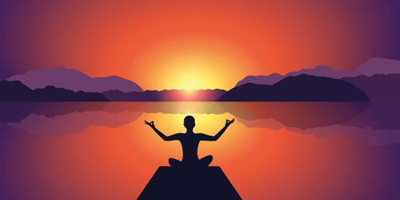 meditation silhouette peaceful sunset at lake and mountains backgroundのイラスト素材