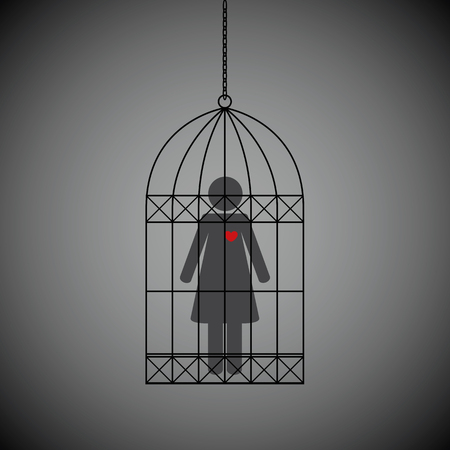 woman with red heart in a cage on dark background vector illustration EPS10のイラスト素材