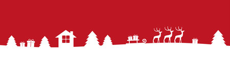 red and white christmas winter border with reindeers gifts and firs vector illustration EPS10のイラスト素材