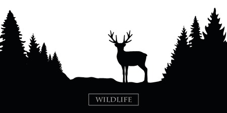 wildlife reindeer silhouette forest landscape black and white vector illustration EPS10のイラスト素材