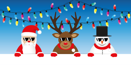 cute reindeer santa and snowman cartoon with sunglasses and christmas fairy lights vector illustration EPS10のイラスト素材