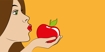 beautiful woman with red lips eats a red apple vector illustration EPS10のイラスト素材