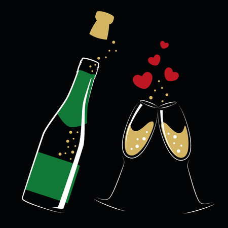 opened bottle of champagne and glasses with hearts for wedding and valentines day vector illustration EPS10のイラスト素材