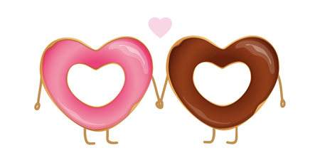 two heart shaped donuts in love chocolate and pink glaze vector illustration EPS10のイラスト素材
