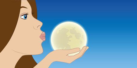 beautiful young girl want to kiss the full moon vector illustration EPS10のイラスト素材