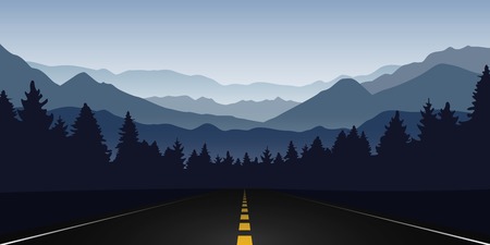 straight road in forest and mountain landscape at dawn vector illustration EPS10のイラスト素材