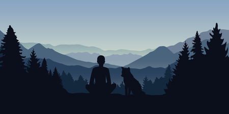 man and his dog are looking into the distance on a mountain landscape vector illustration EPS10のイラスト素材