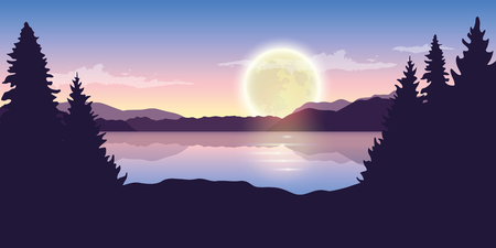 beautiful lake at night with full moon purple nature landscape vector illustration EPS10のイラスト素材
