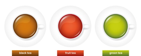 different types of tea black fruit and green tea in white cups vector illustration EPS10のイラスト素材