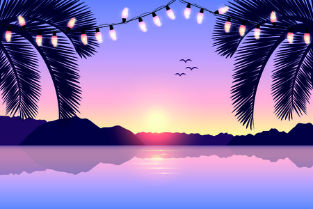 paradise beach summer holiday postcard design with fairy lights vector illustration EPS10のイラスト素材